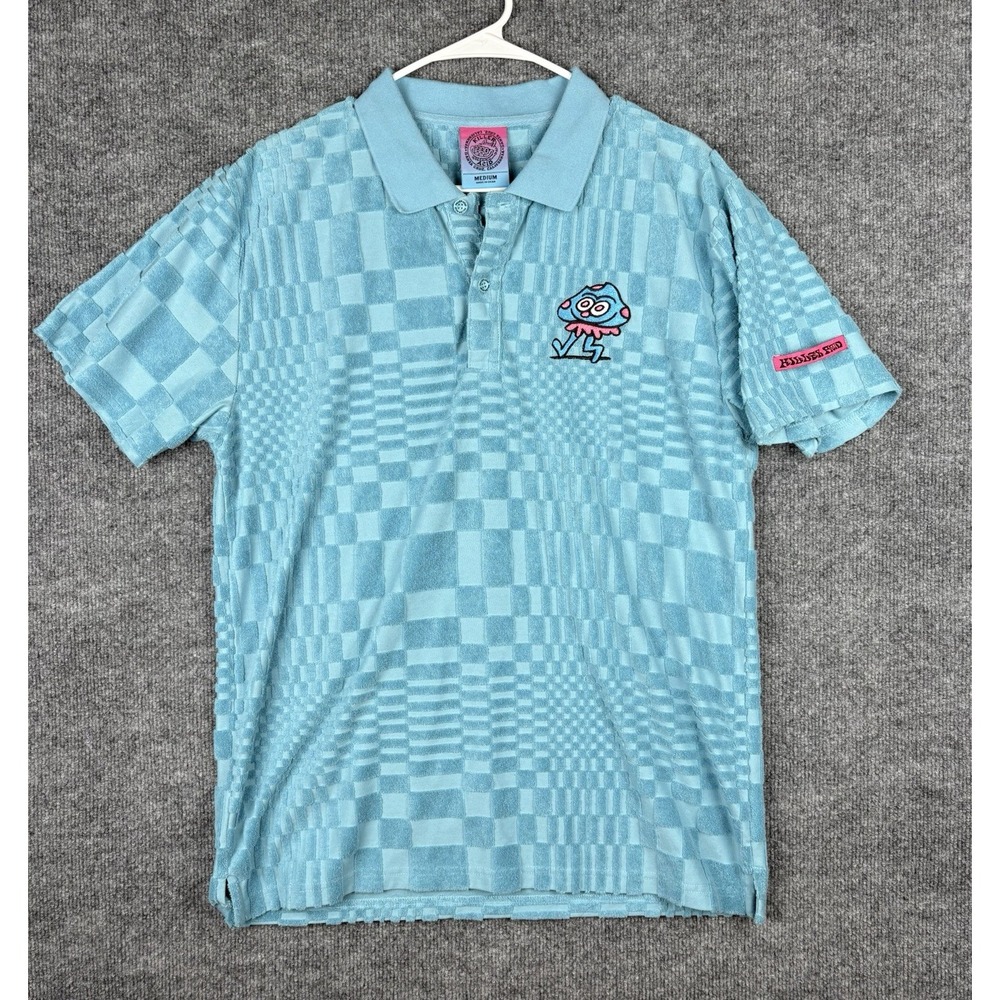 Killer Acid Blue Shroom Terry Polo Men M Aqua Checker Psychedelic Mushroom